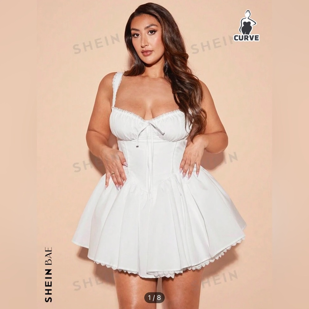 Plus size solid color camisole lace patchwork peplum short dress